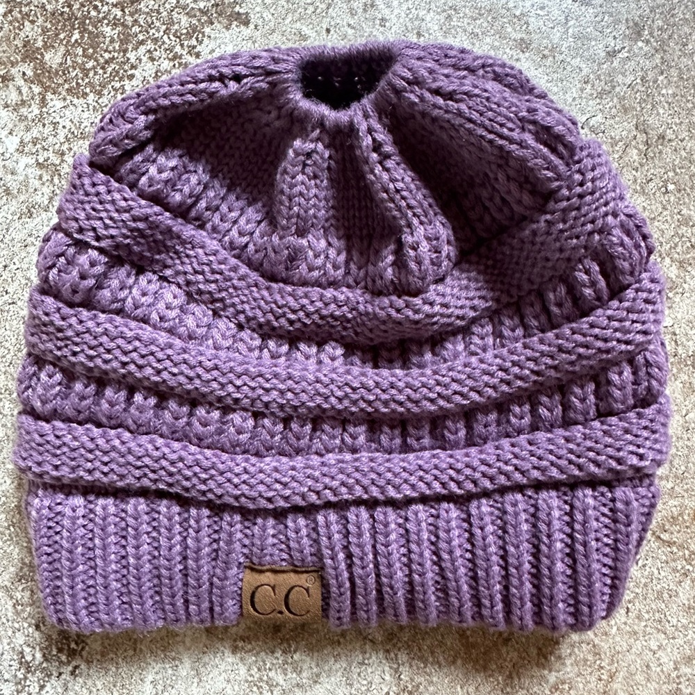 Purple CC Beanie with Ponytail Hole